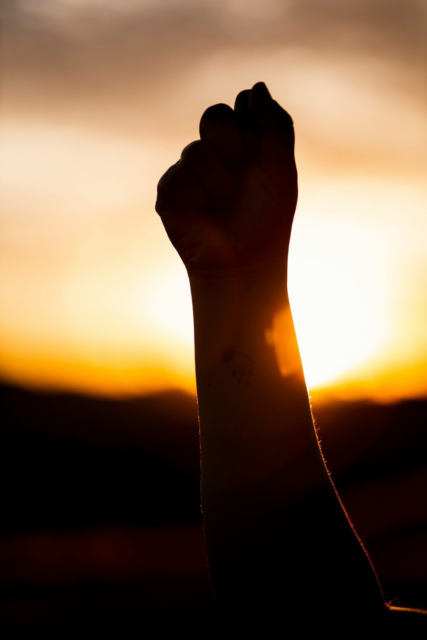 A raised fist silhouetted against a sunrise